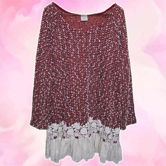 Other Dresses & Skirts - Burgundy Popcorn Knit Lace Ruffle Tunic Dress
